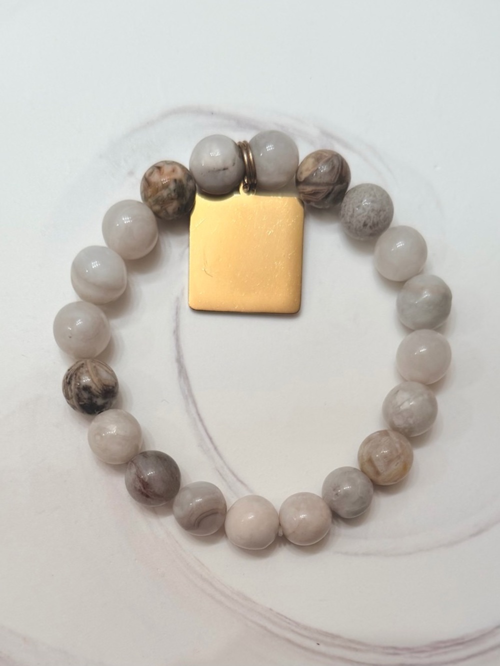 Natural Gray Gemstone Bead Stretch Bracelet with Inspirational Charm - Picture 2 of 2
